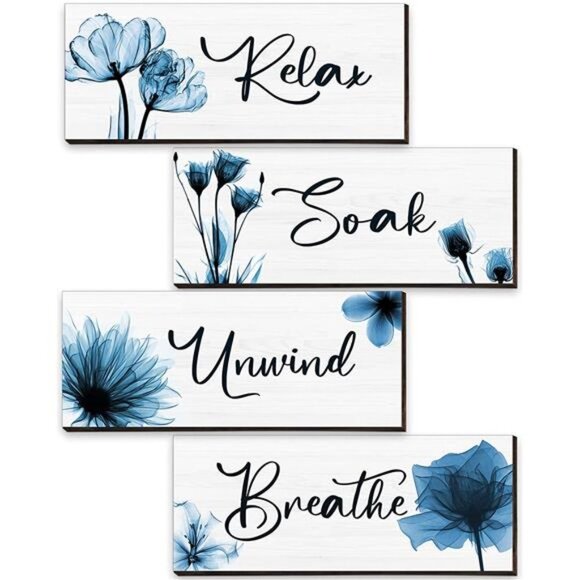 4 Pcs Elegant Tulip Relax Soak Unwind Breathe Wall Art Farmhouse Rustic Wood